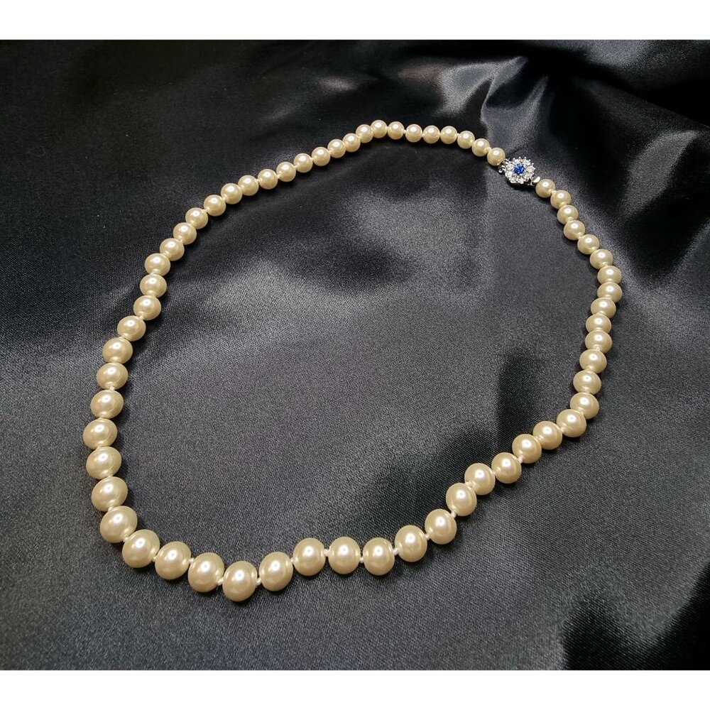 Vintage Camrose & Kross JBK Faux Pearl Necklace With Blue Rhinestone Pendant & G